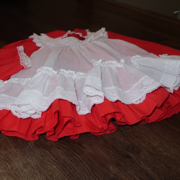 Vintage Girls Bryan Red White 2pc Pinafore Ruffled Holiday Dress Lace Trim sz 4T - Picture 2 of 7